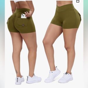 Noire Blanc Shorts with Pockets - Olive Green - Small - For Running & Yoga